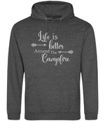 Life Is Better Around the Campfire – Unisex Hoodie in Charcoal with Silver vinyl