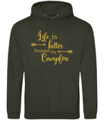 Life Is Better Around the Campfire – Unisex Hoodie in Combat Green with Gold vinyl