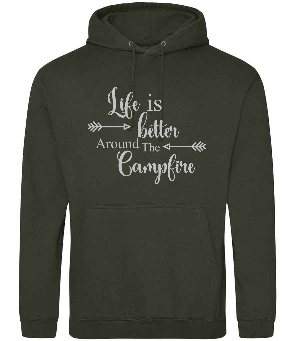 Life Is Better Around the Campfire – Unisex Hoodie in Combat Green with Silver vinyl