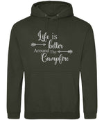 Life Is Better Around the Campfire – Unisex Hoodie in Combat Green with Silver vinyl