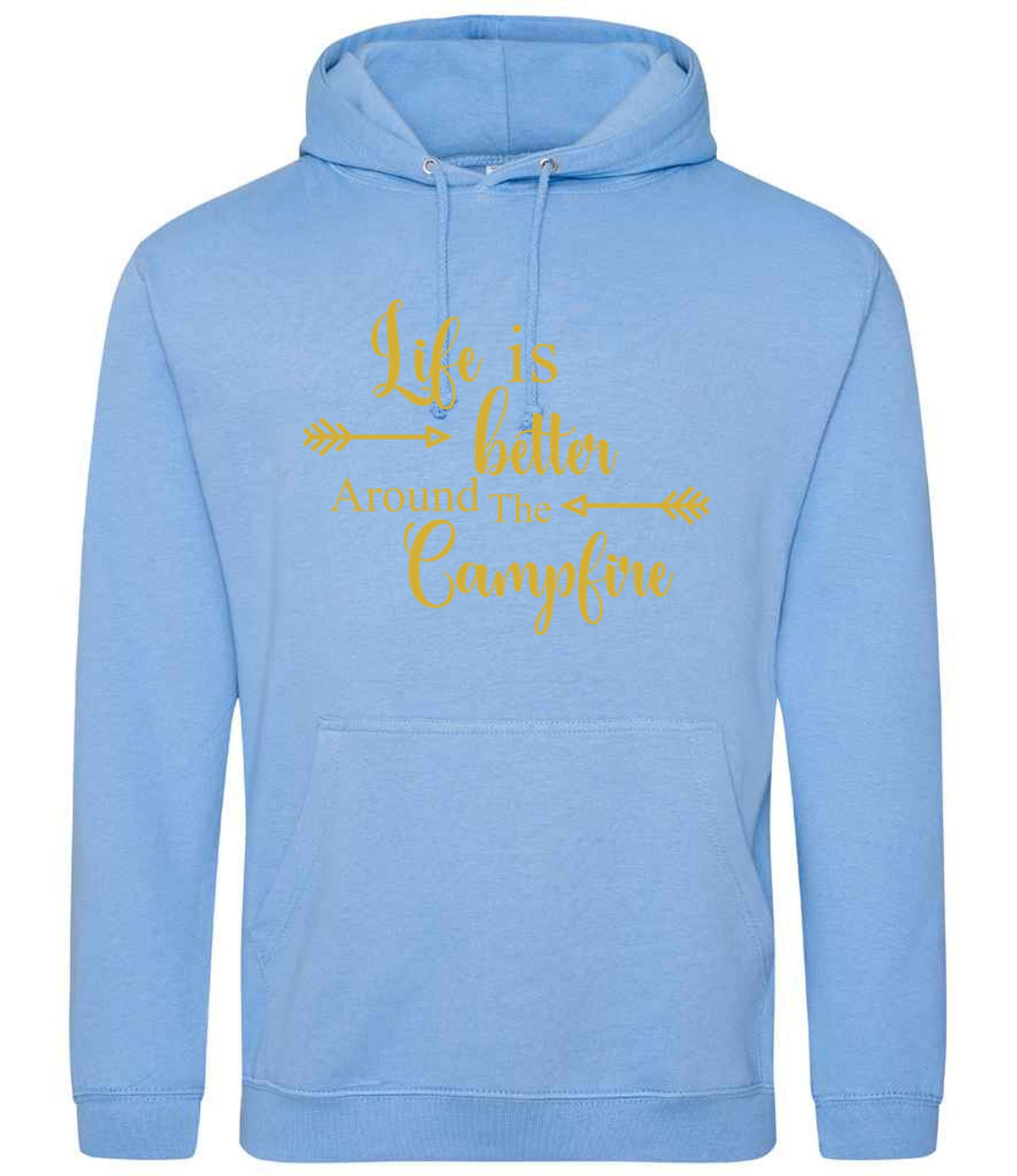 Life Is Better Around the Campfire – Unisex Hoodie in Cornflower Blue with Gold vinyl