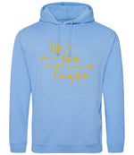 Life Is Better Around the Campfire – Unisex Hoodie in Cornflower Blue with Gold vinyl