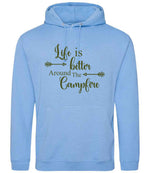 Life Is Better Around the Campfire – Unisex Hoodie in Cornflower Blue with Military Green vinyl