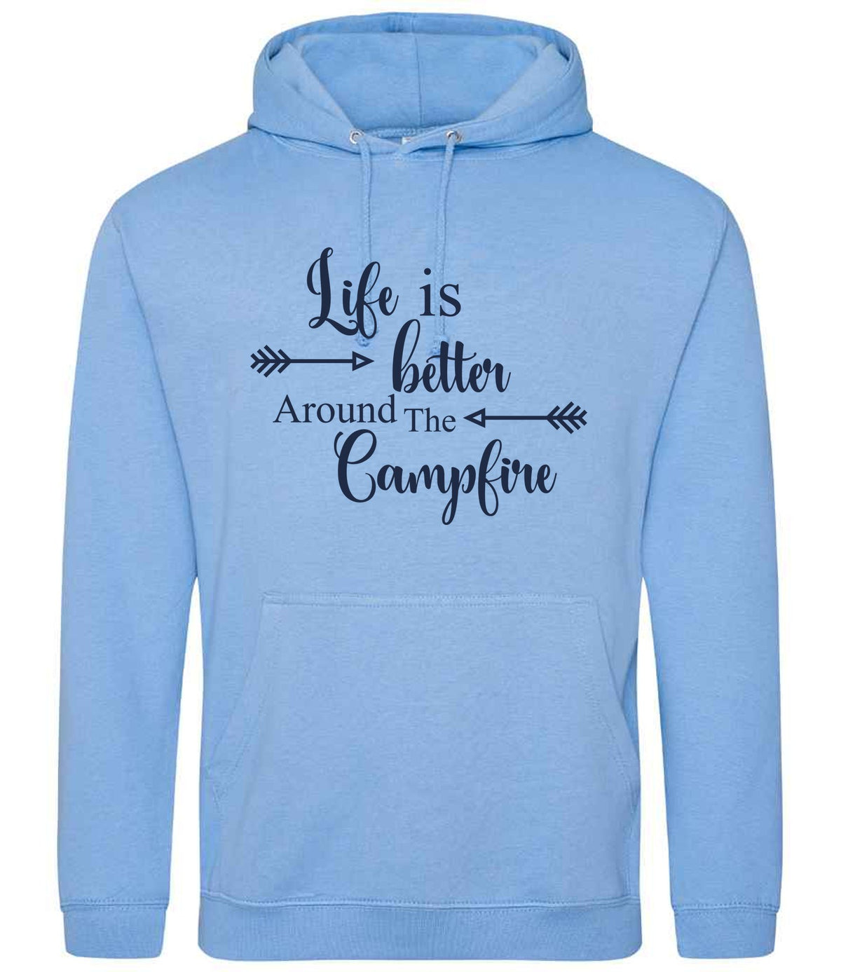 Life Is Better Around the Campfire – Unisex Hoodie in Cornflower Blue with Navy vinyl