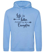 Life Is Better Around the Campfire – Unisex Hoodie in Cornflower Blue with Navy vinyl
