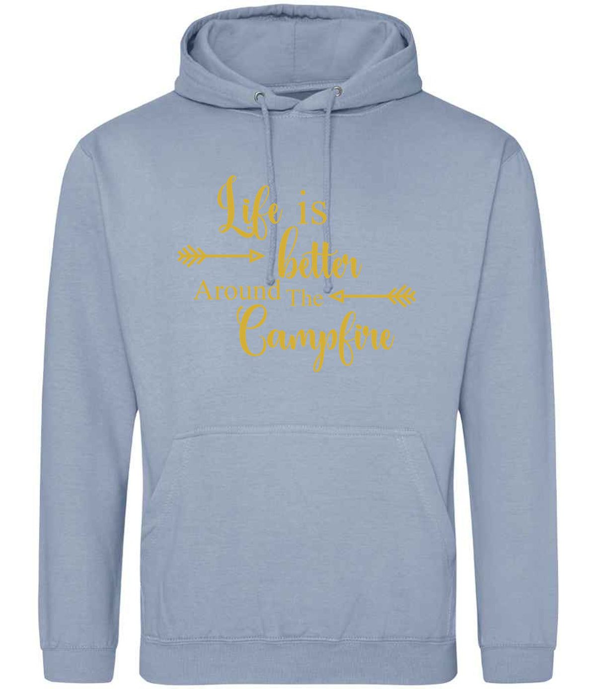 Life Is Better Around the Campfire – Unisex Hoodie in Dusty Blue with Gold vinyl