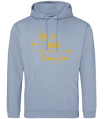 Life Is Better Around the Campfire – Unisex Hoodie in Dusty Blue with Gold vinyl