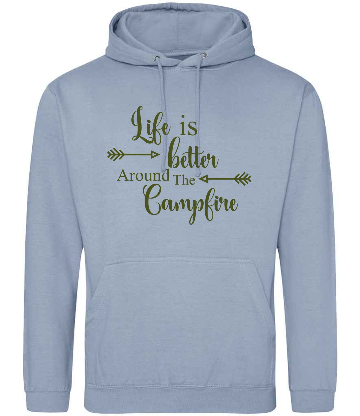 Life Is Better Around the Campfire – Unisex Hoodie in Dusty Blue with Military Green vinyl
