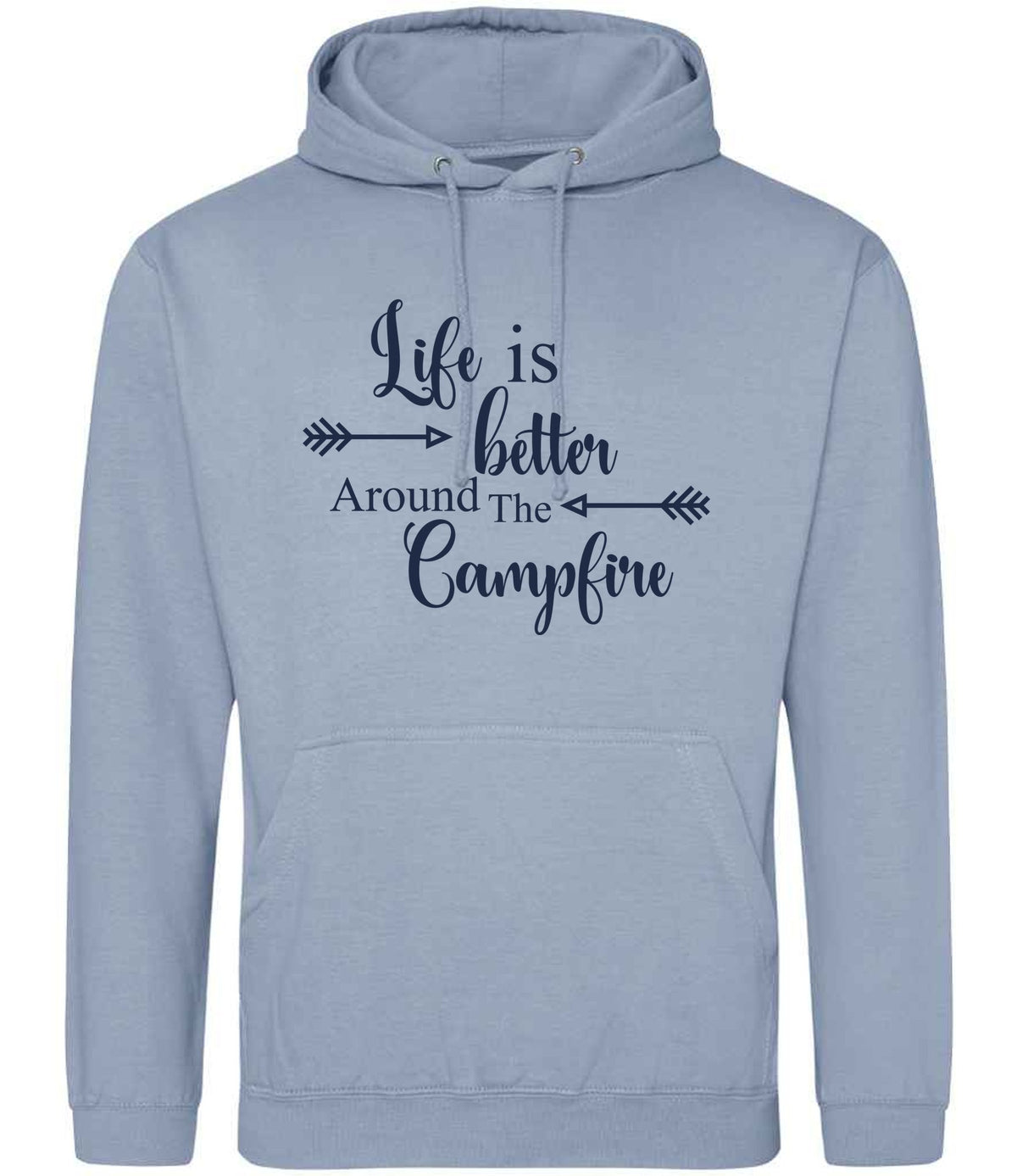 Life Is Better Around the Campfire – Unisex Hoodie in Dusty Blue with Navy vinyl