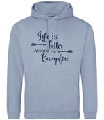 Life Is Better Around the Campfire – Unisex Hoodie in Dusty Blue with Navy vinyl