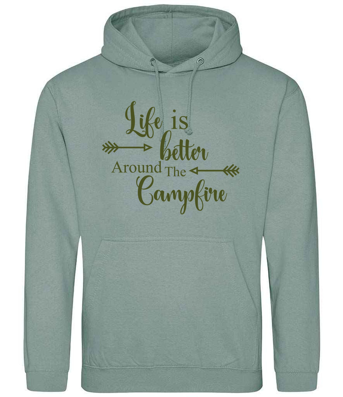 Life Is Better Around the Campfire – Unisex Hoodie in Dusty Green with Military Green vinyl