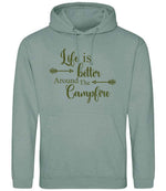 Life Is Better Around the Campfire – Unisex Hoodie in Dusty Green with Military Green vinyl