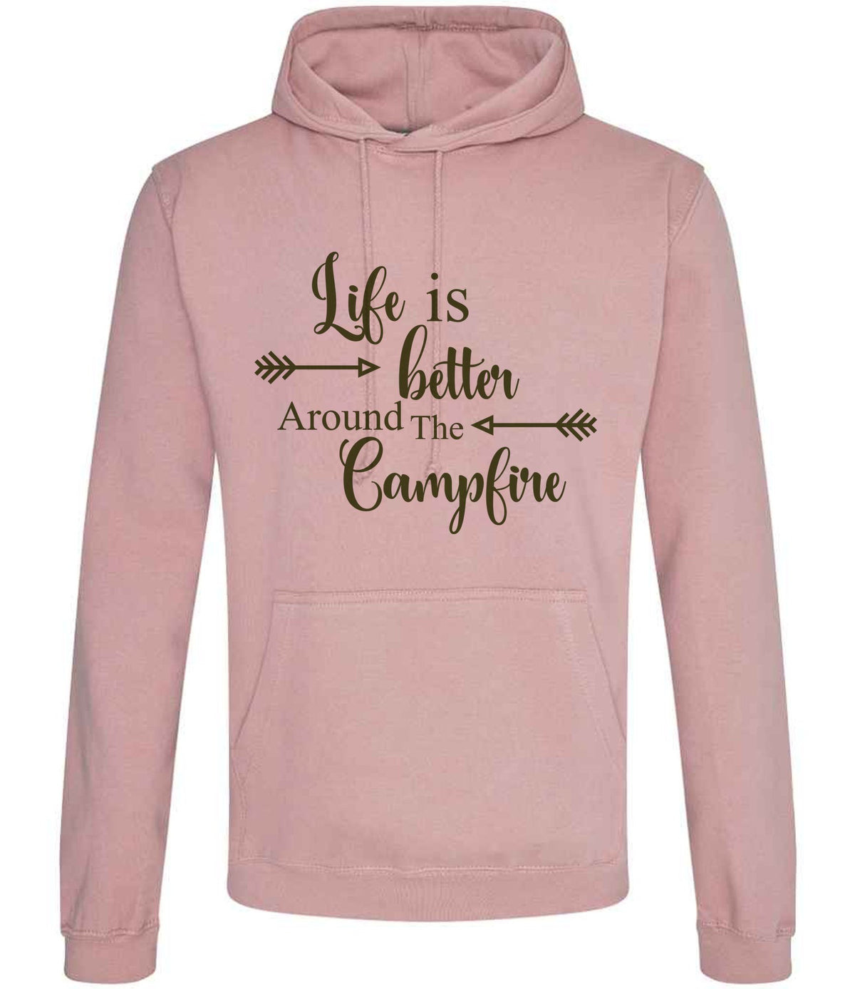 Life Is Better Around the Campfire – Unisex Hoodie in Dusty Pink with Military Green vinyl