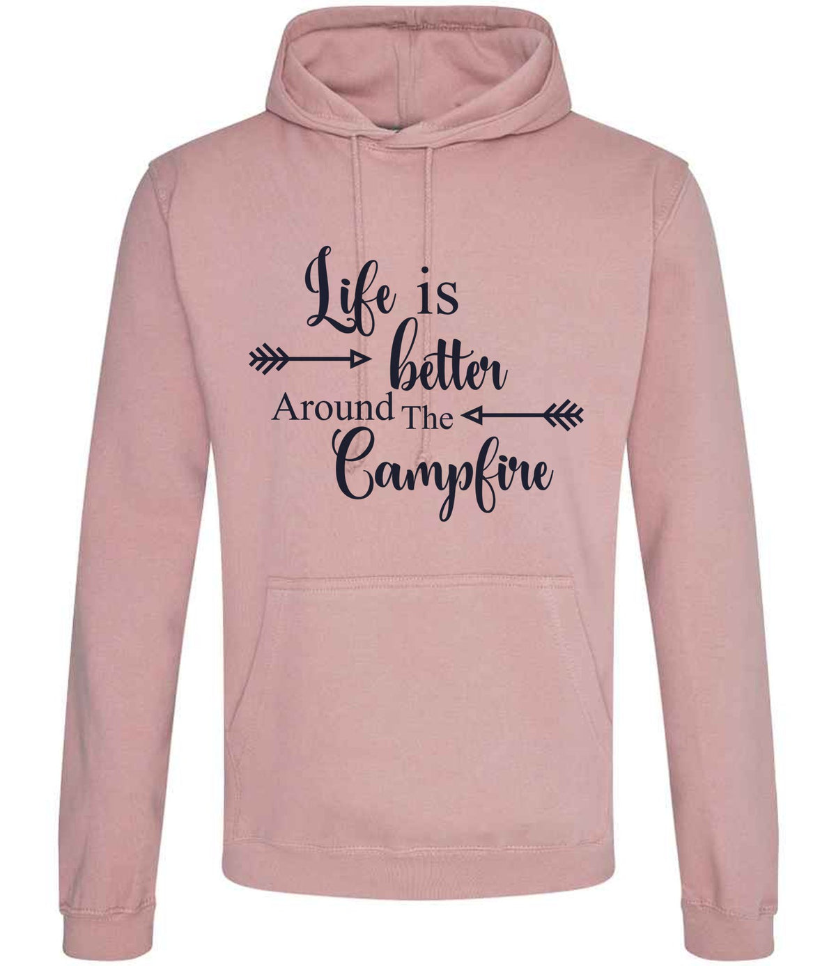 Life Is Better Around the Campfire – Unisex Hoodie in Dusty Pink with Navy vinyl