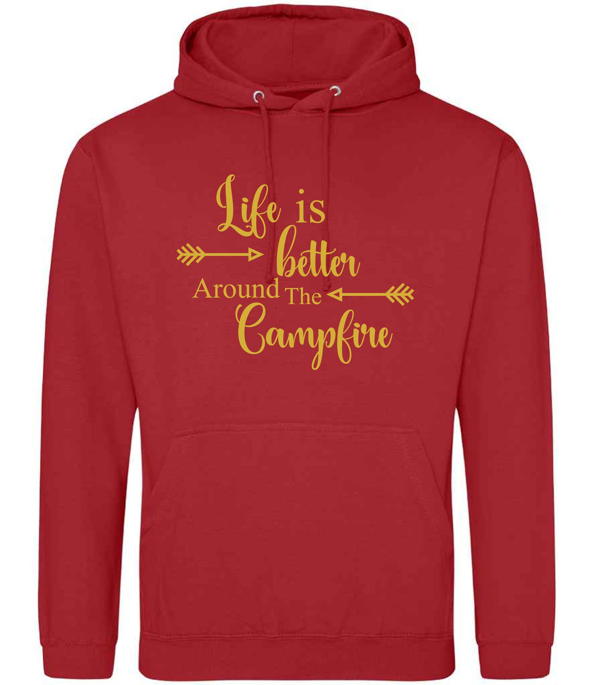 Life Is Better Around the Campfire – Unisex Hoodie in Fire Red with Gold vinyl