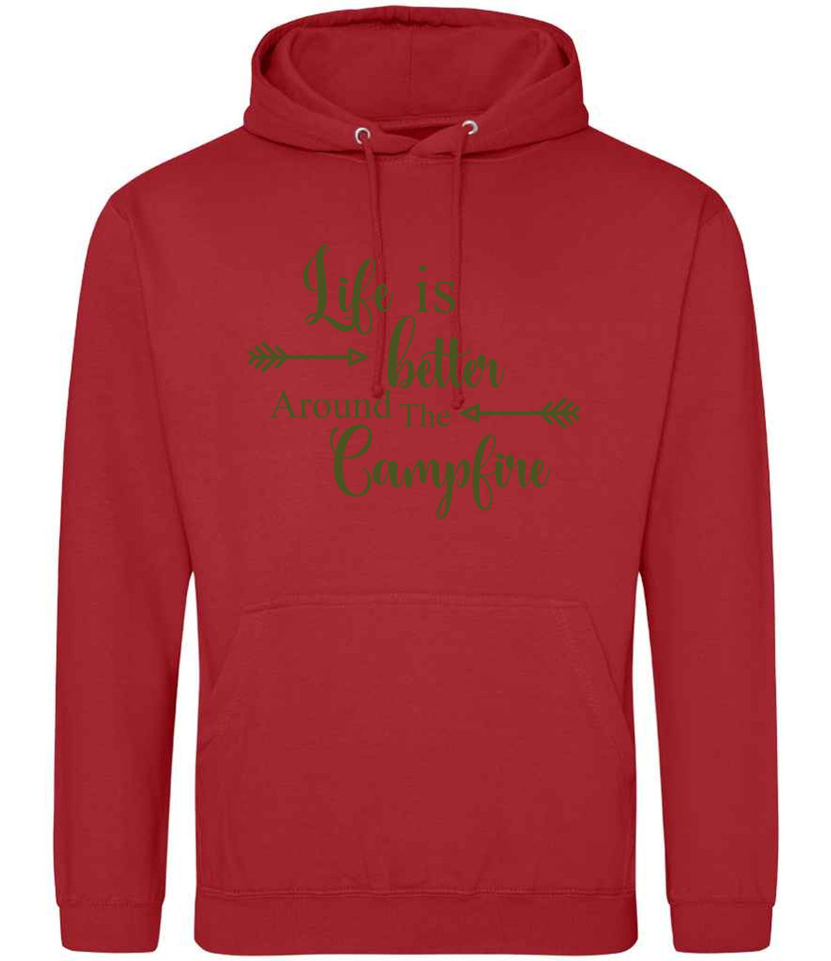 Life Is Better Around the Campfire – Unisex Hoodie in Fire Red with Military Green vinyl