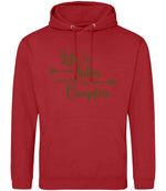 Life Is Better Around the Campfire – Unisex Hoodie in Fire Red with Military Green vinyl