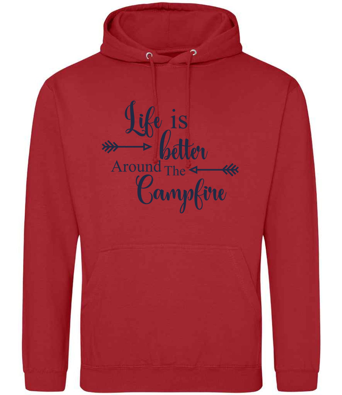 Life Is Better Around the Campfire – Unisex Hoodie in Fire Red with Navy vinyl