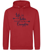 Life Is Better Around the Campfire – Unisex Hoodie in Fire Red with Navy vinyl