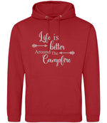 Life Is Better Around the Campfire – Unisex Hoodie in Fire Red with Silver vinyl