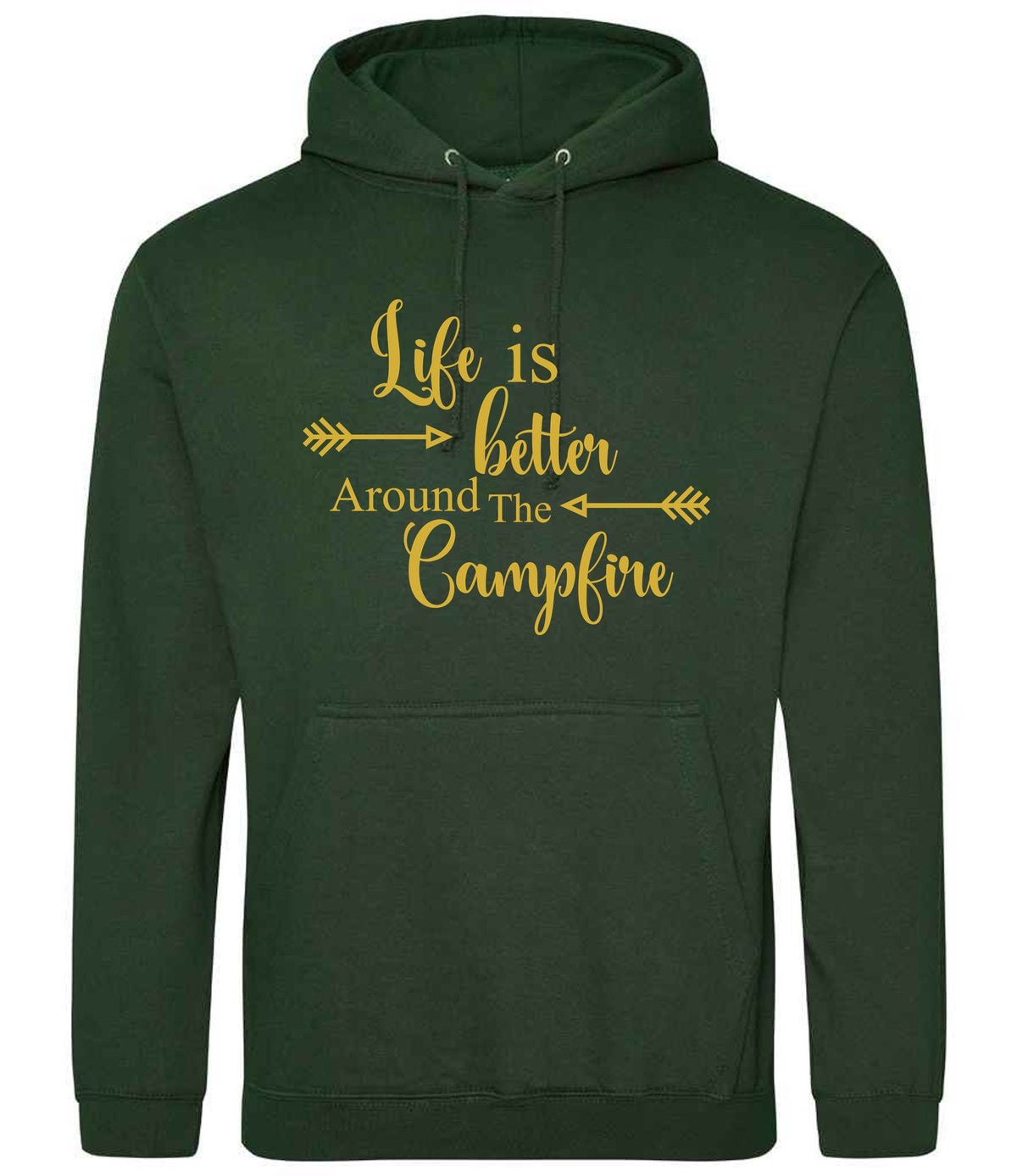 Life Is Better Around the Campfire – Unisex Hoodie in Forest Green with Gold vinyl