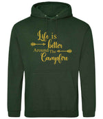 Life Is Better Around the Campfire – Unisex Hoodie in Forest Green with Gold vinyl