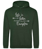 Life Is Better Around the Campfire – Unisex Hoodie in Forest Green with Silver vinyl