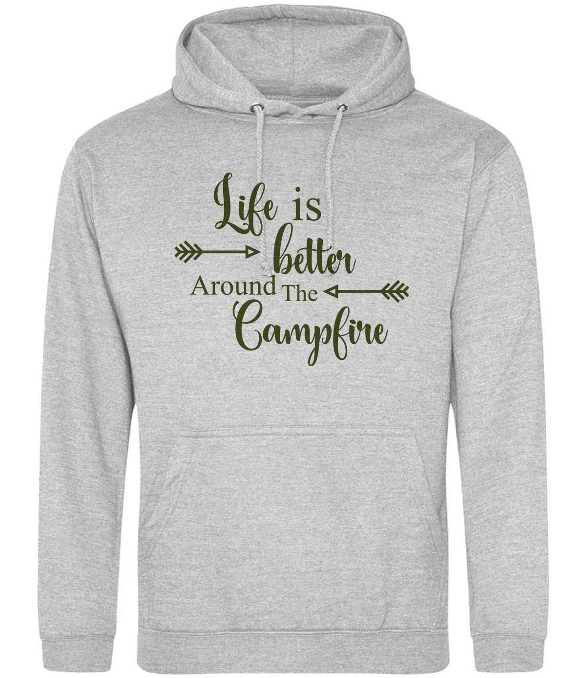 Life Is Better Around the Campfire – Unisex Hoodie in Heather Grey with Military Green vinyl
