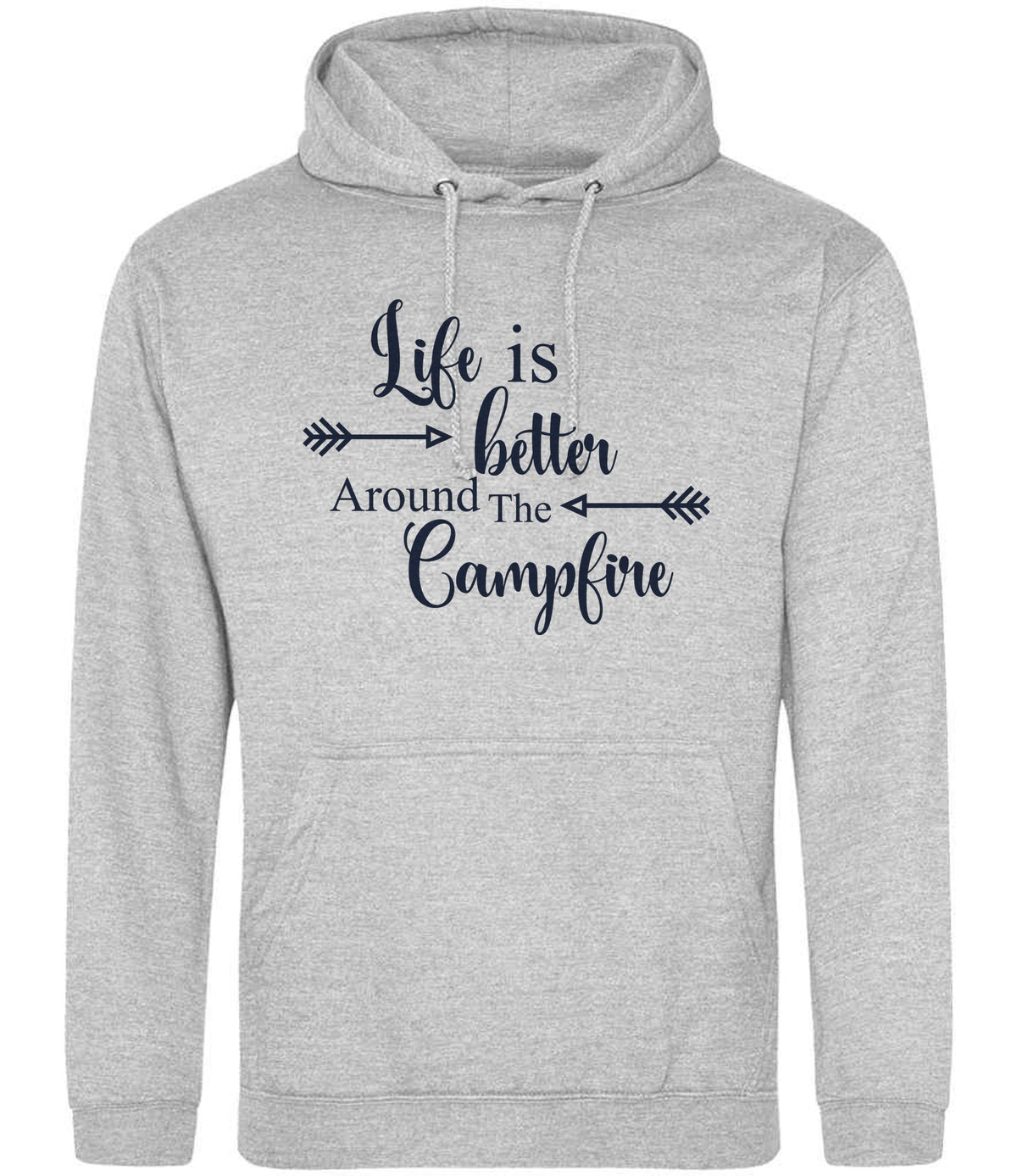 Life Is Better Around the Campfire – Unisex Hoodie in Heather Grey with Navy vinyl