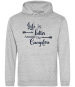 Life Is Better Around the Campfire – Unisex Hoodie in Heather Grey with Navy vinyl