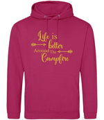Life Is Better Around the Campfire – Unisex Hoodie in Hot Pink with Gold vinyl