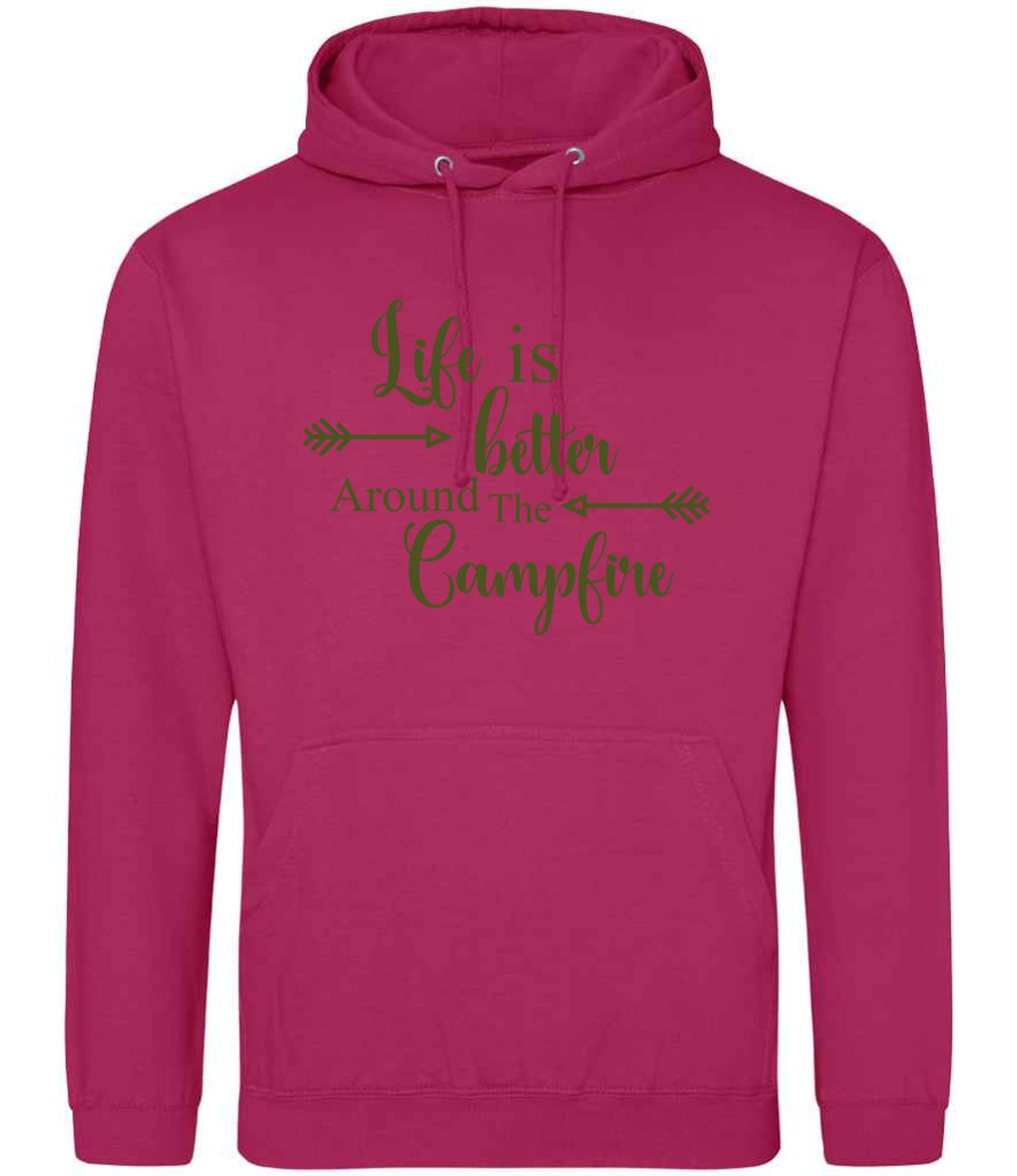 Life Is Better Around the Campfire – Unisex Hoodie in Hot Pink with Military Green vinyl