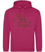 Life Is Better Around the Campfire – Unisex Hoodie in Hot Pink with Military Green vinyl