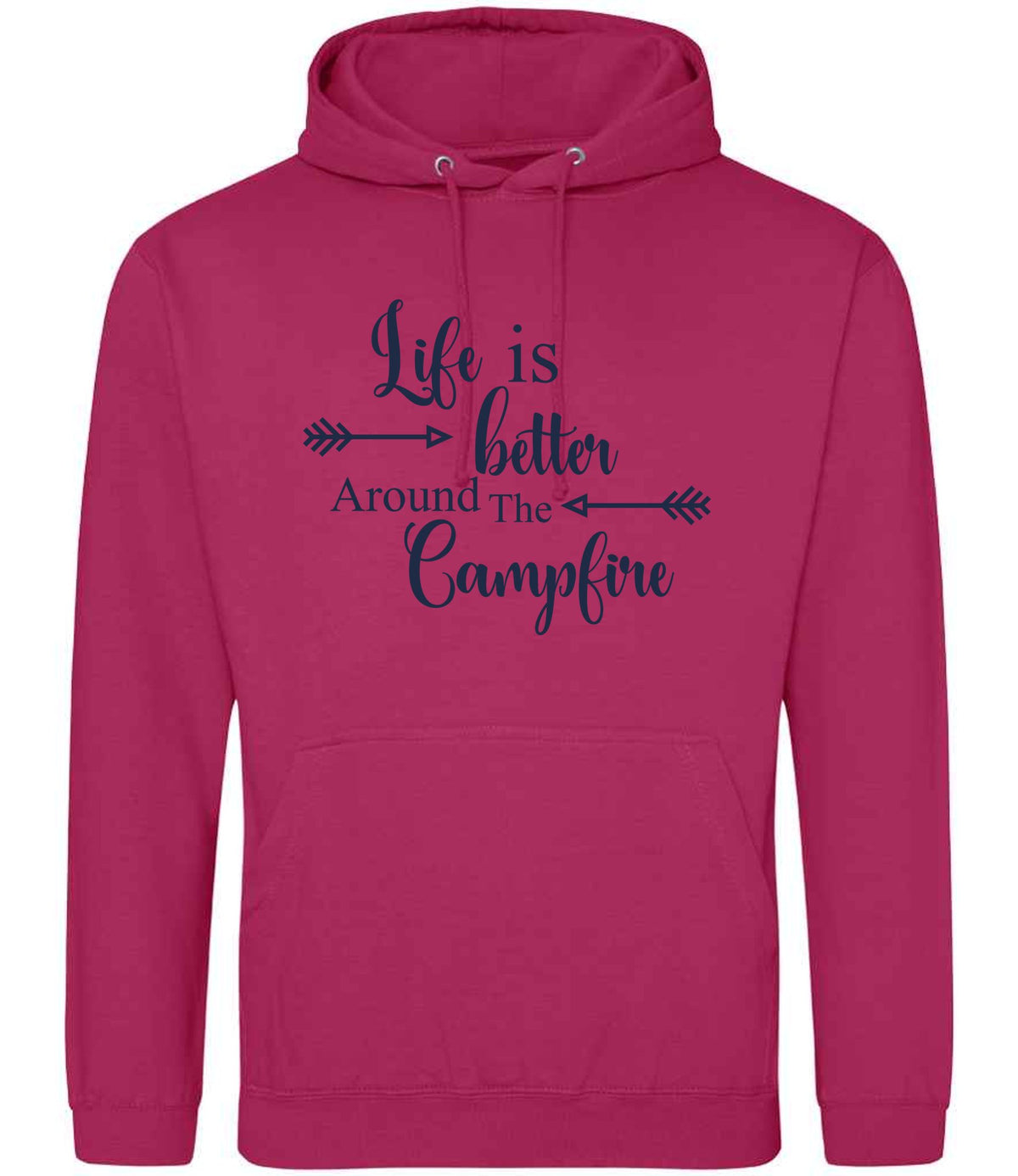 Life Is Better Around the Campfire – Unisex Hoodie in Hot Pink with Navy vinyl