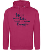 Life Is Better Around the Campfire – Unisex Hoodie in Hot Pink with Navy vinyl