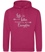 Life Is Better Around the Campfire – Unisex Hoodie in Hot Pink with Silver vinyl