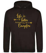 Life Is Better Around the Campfire – Unisex Hoodie in Jet Black with Gold vinyl