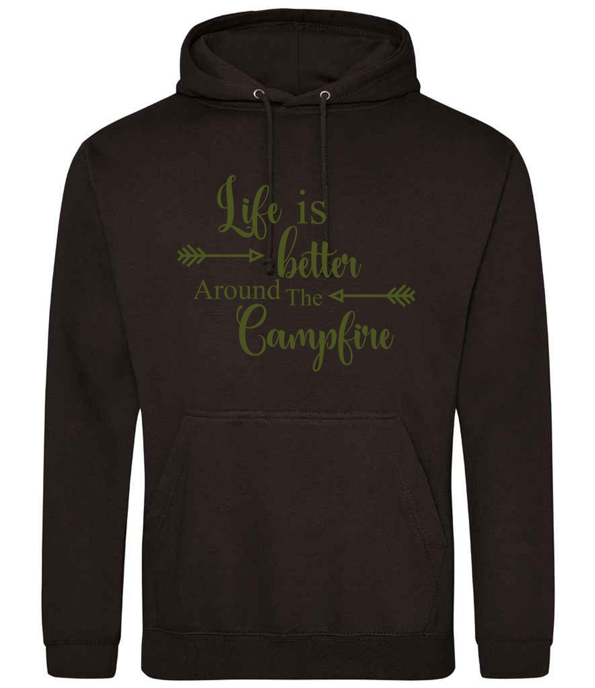 Life Is Better Around the Campfire – Unisex Hoodie in Jet Black with Military Green vinyl