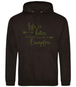 Life Is Better Around the Campfire – Unisex Hoodie in Jet Black with Military Green vinyl