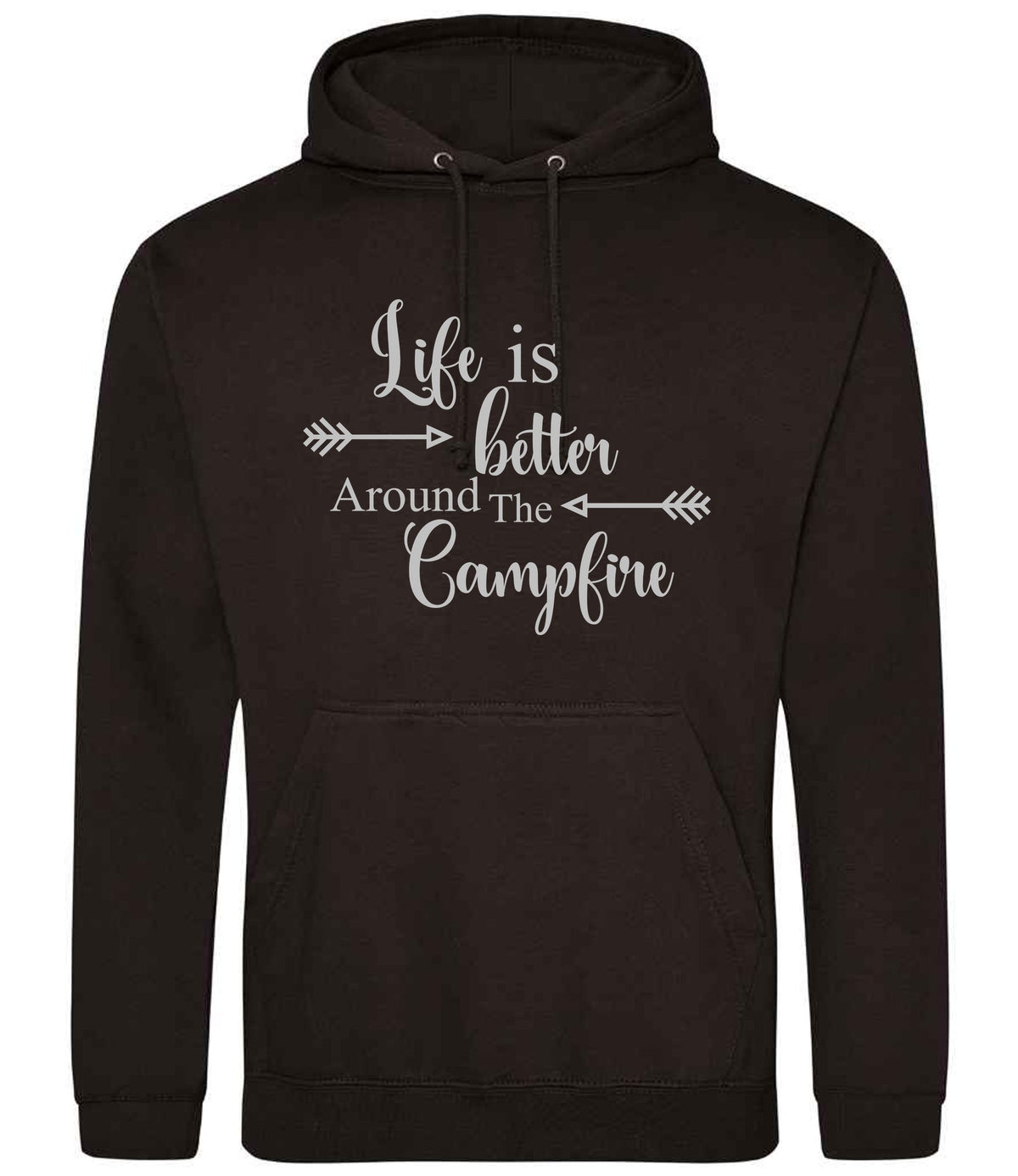Life Is Better Around the Campfire – Unisex Hoodie in Jet Black with Silver vinyl