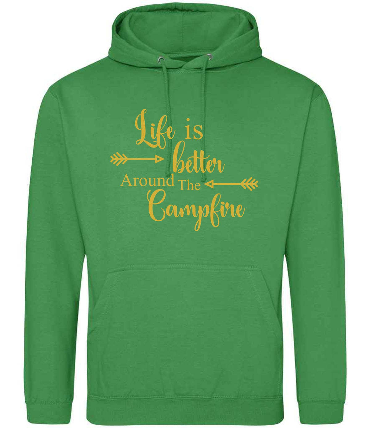 Life Is Better Around the Campfire – Unisex Hoodie in Kelly Green with Gold vinyl