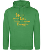 Life Is Better Around the Campfire – Unisex Hoodie in Kelly Green with Gold vinyl