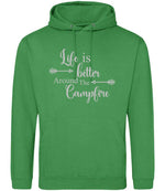 Life Is Better Around the Campfire – Unisex Hoodie in Kelly Green with Silver vinyl