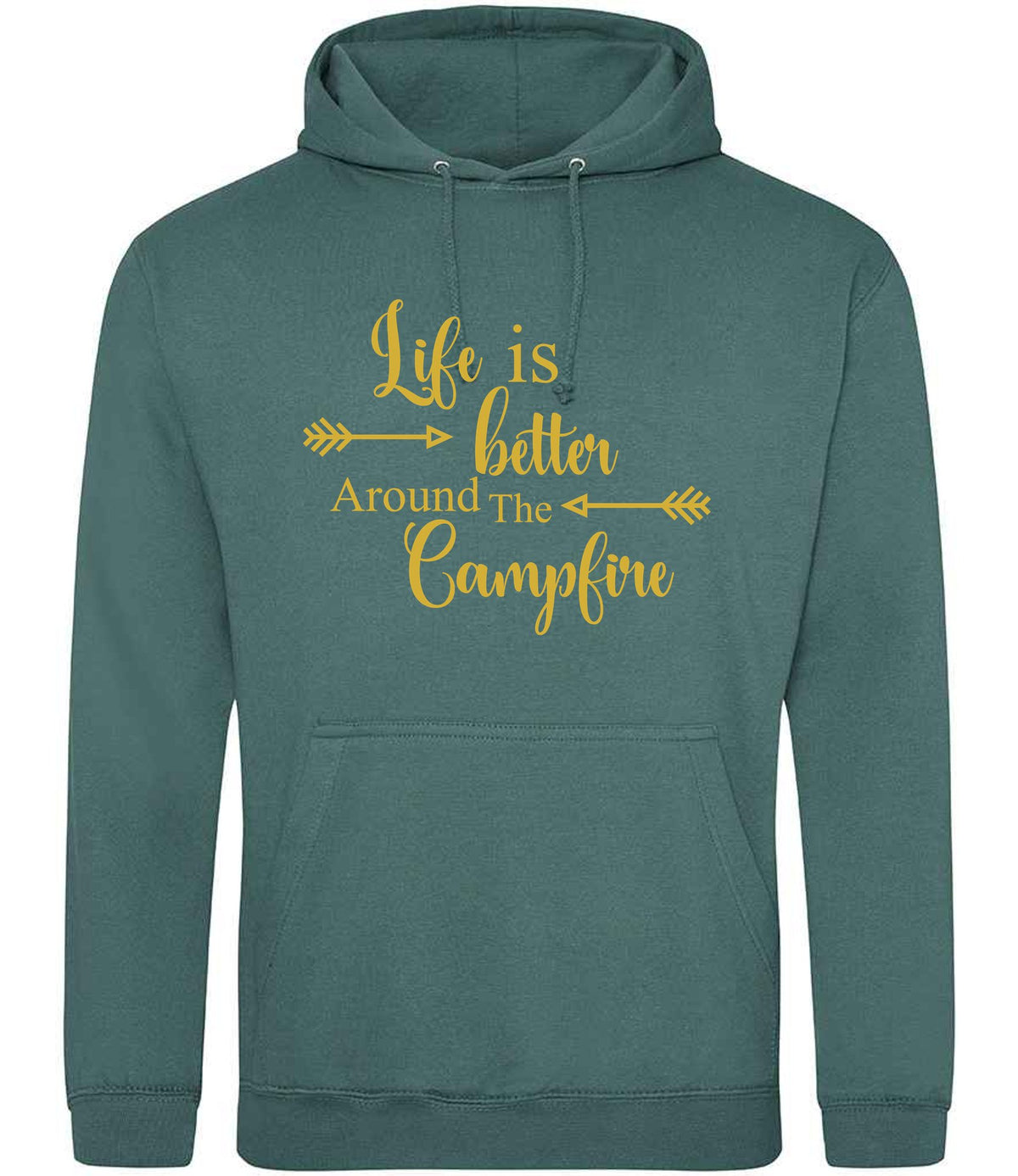 Life Is Better Around the Campfire – Unisex Hoodie in Moss Green with Gold vinyl