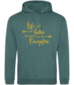 Life Is Better Around the Campfire – Unisex Hoodie in Moss Green with Gold vinyl