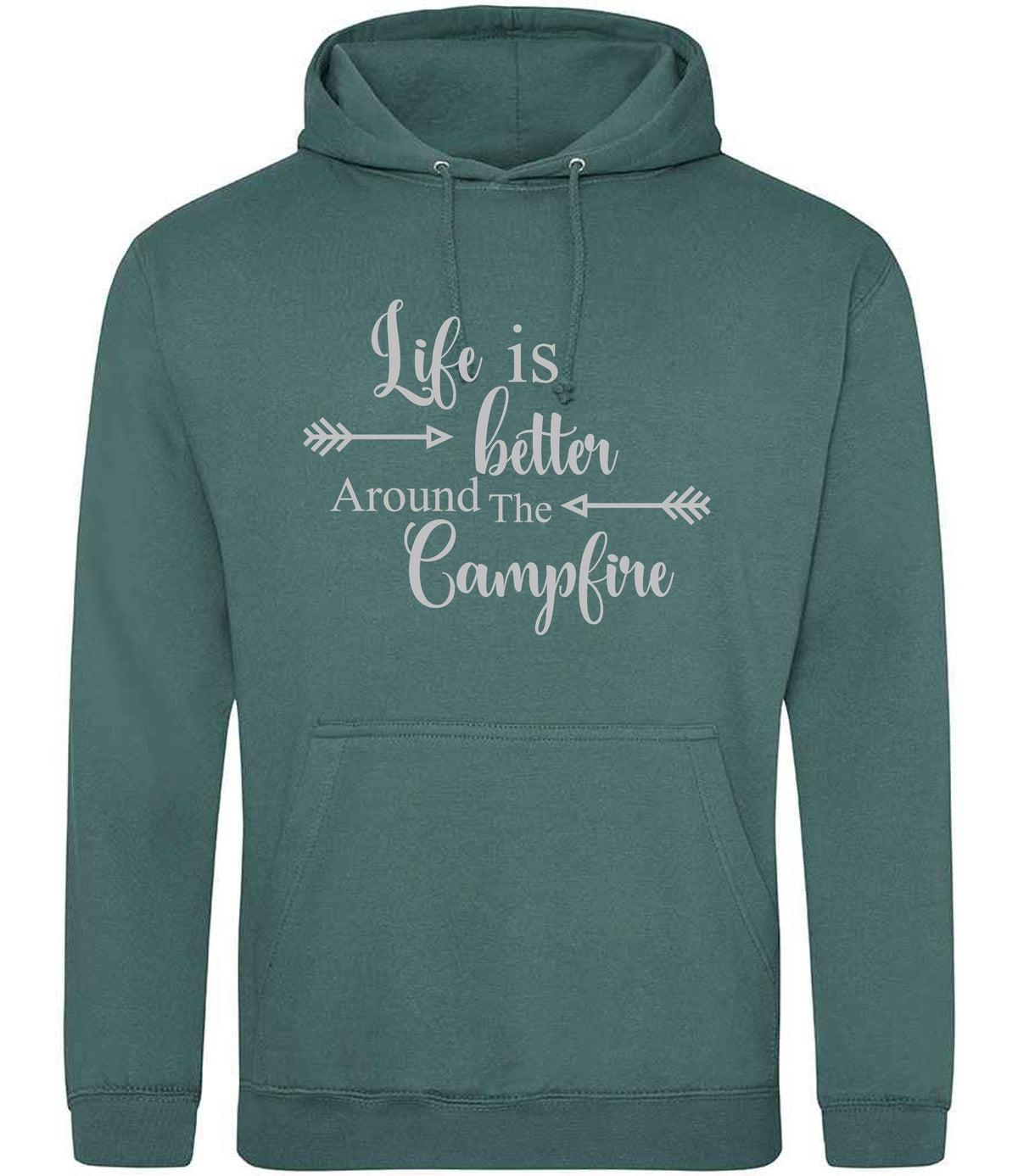 Life Is Better Around the Campfire – Unisex Hoodie in Moss Green with Silver vinyl