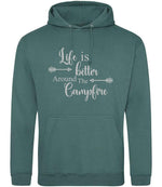 Life Is Better Around the Campfire – Unisex Hoodie in Moss Green with Silver vinyl