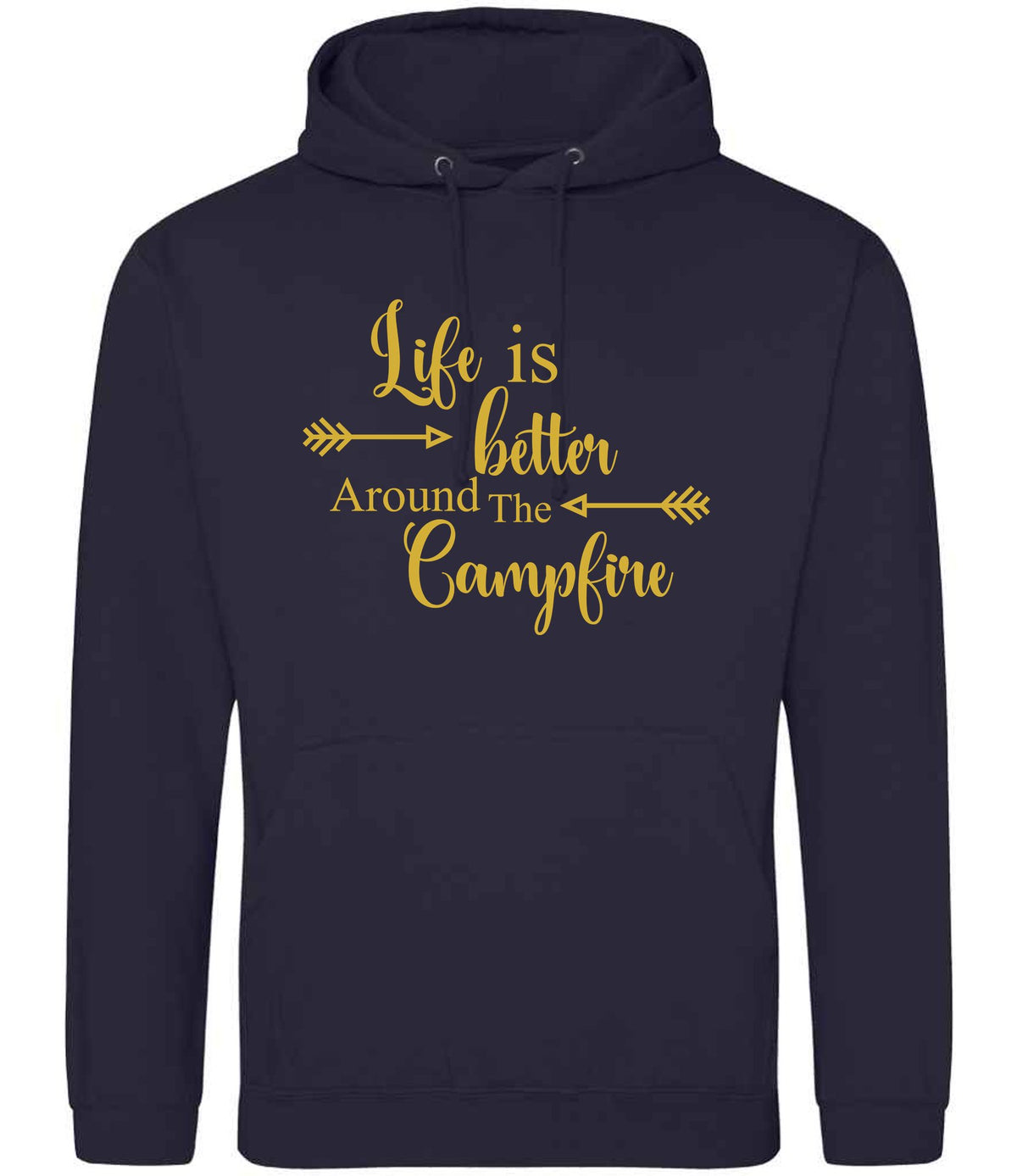 Life Is Better Around the Campfire – Unisex Hoodie in New French Navy with Gold vinyl