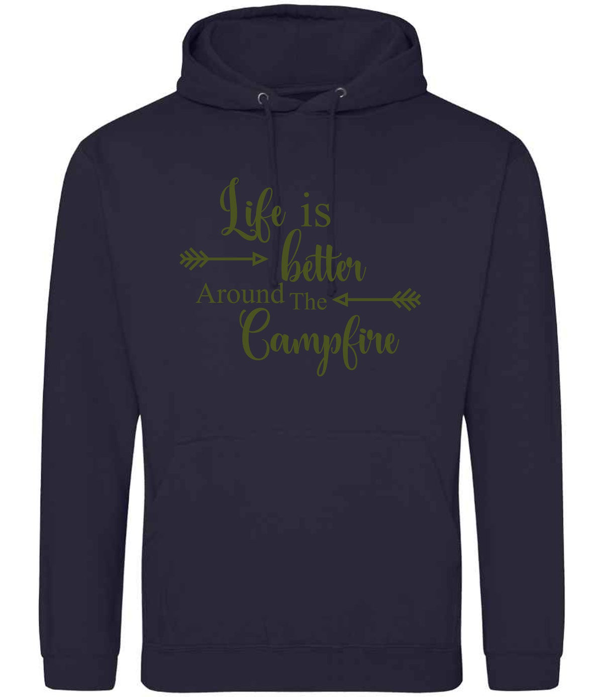 Life Is Better Around the Campfire – Unisex Hoodie in New French Navy with Military Green vinyl