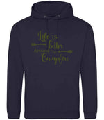 Life Is Better Around the Campfire – Unisex Hoodie in New French Navy with Military Green vinyl